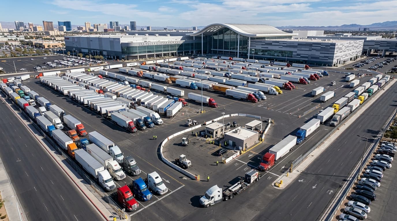 Freight trucks lined up at convention center marshaling yard