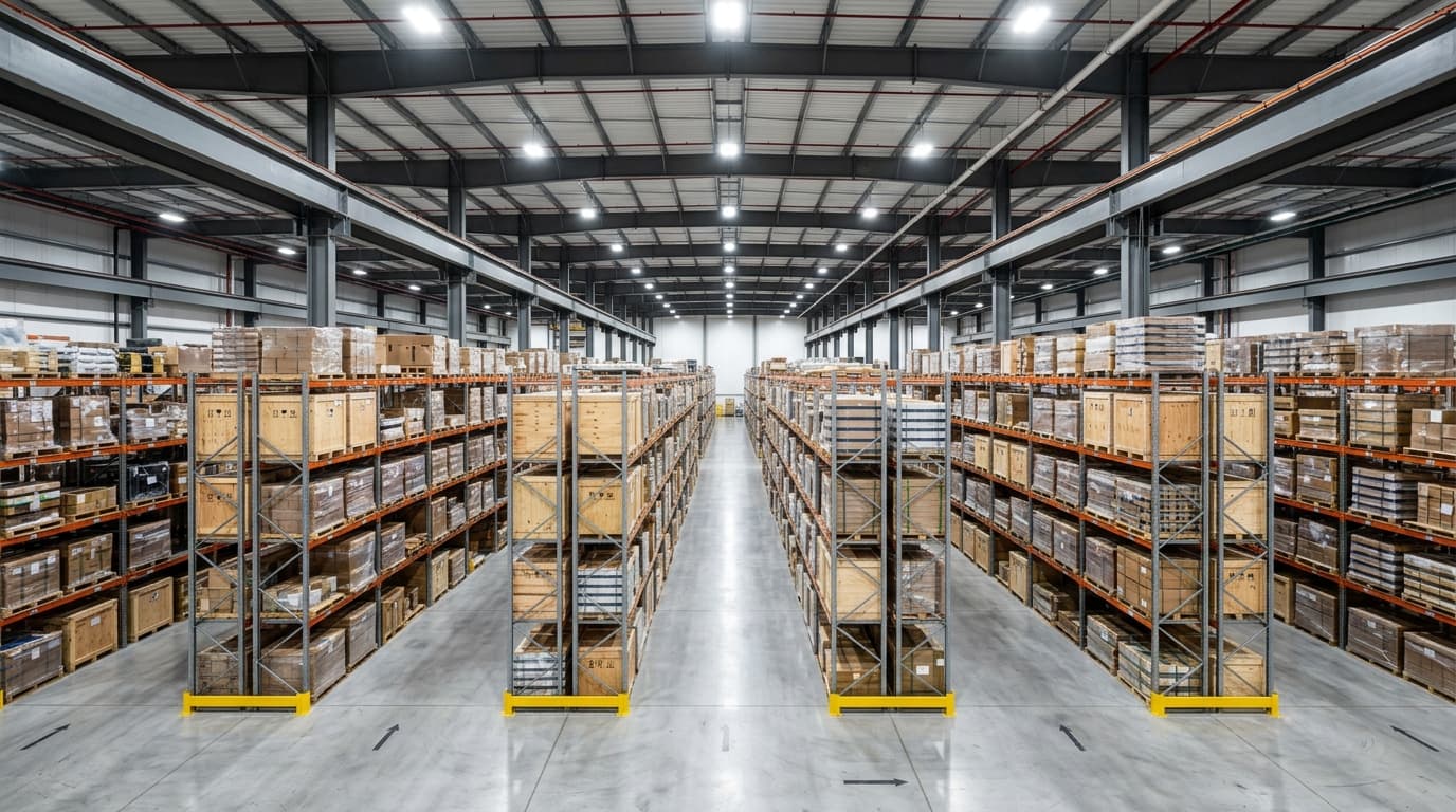 Organized freight warehouse with trade show crates staged for delivery